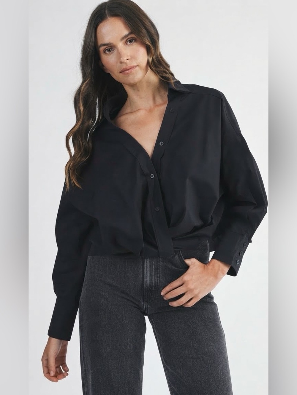 Hyfve twist front button up shirt Long sleeves Dolman Sz M Black